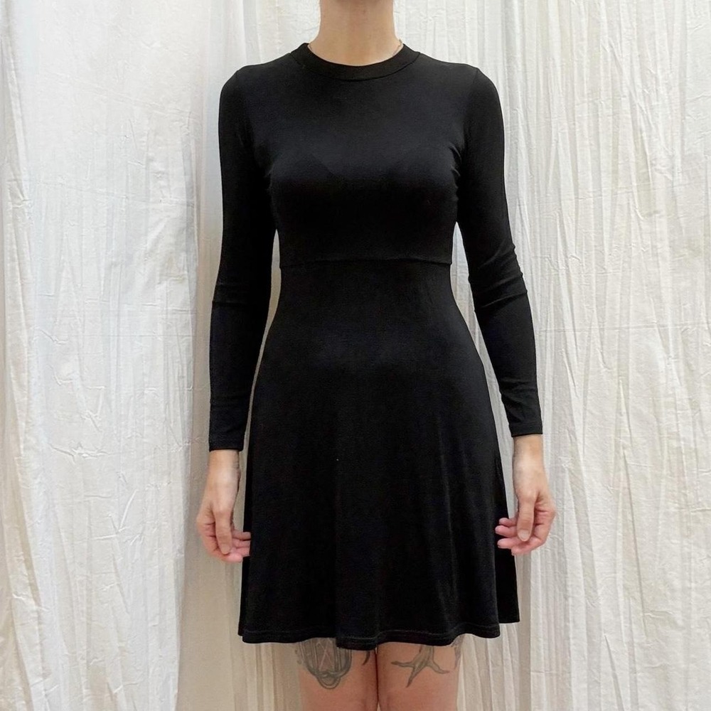 Moda International Black Slinky Long Sleeve Mini Dress Stretchy Vintage 90s XS